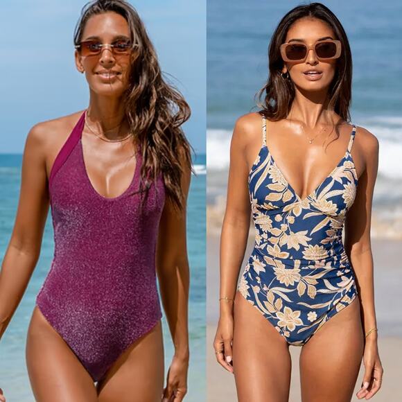 NWT Cupshe Tummy Control One Piece Swimsuit V-Neck Halter Surf BUNDLE Size S - Picture 1 of 7